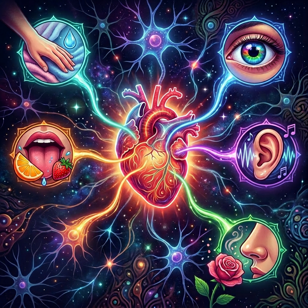Diagram of heart connected to senses: touch, sight, hearing, smell, and taste